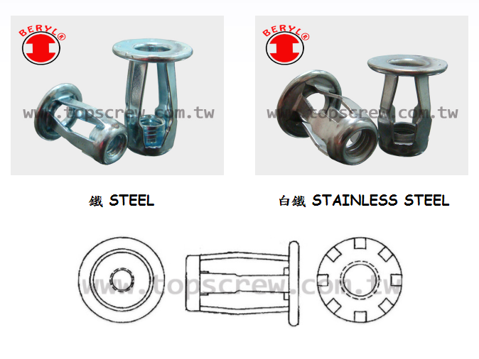 Jack Nut,Expansion Nut,Hollow Wall Anchor Nut,Collapsing Rivet Nut,Sheet Material Insert Nut,ジャックナット,拡張式ナット,中空壁用アンカーナット,薄板用リベットナット,崩壊式ナットインサート,잭 너트,확장형 너트,중공 벽 앵커 너트,붕괴형 리벳 너트,판재용 인서트 너트,Écrou jack,Écrou d’expansion,Écrou pour paroi creuse,Écrou à effondrement,Insert pour matériaux minces,Jack-Mutter,Spreizmutter,Hohlwandmutter,Kollabierende Blindnietmutter,Einpressmutter für Dünnblech,Tuerca Jack,Tuerca de expansión,Tuerca para pared hueca,Tuerca colapsable,Inserto para materiales delgados,Jack matice,Rozpínací matice,Matice pro duté stěny,Kolabující nýtovací matice,Vložka pro tenké materiály,